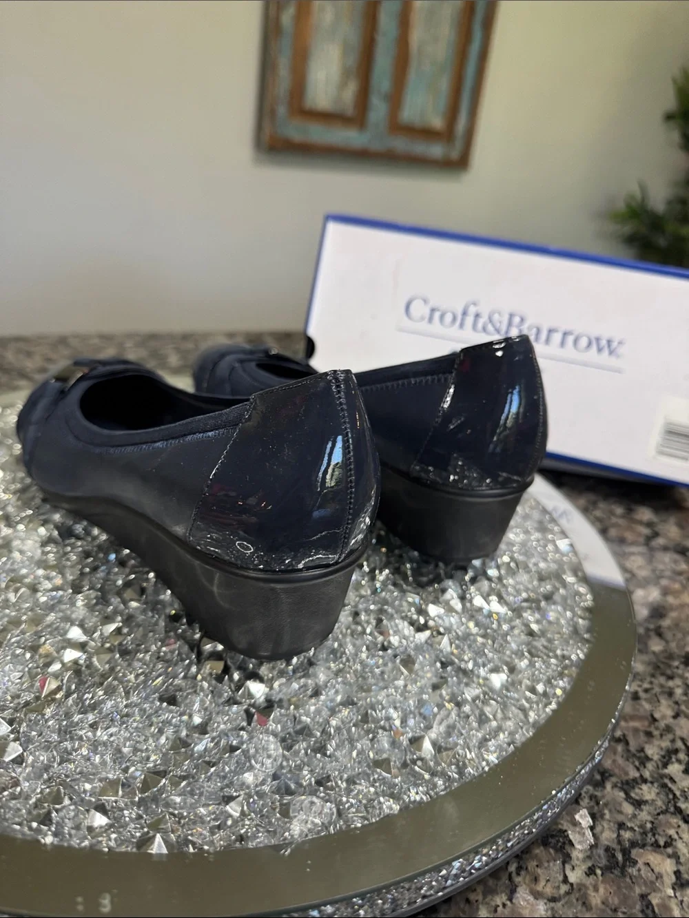 croft & barrow ortholite Navy Patent Wedge with cross cross AccentNEW 9